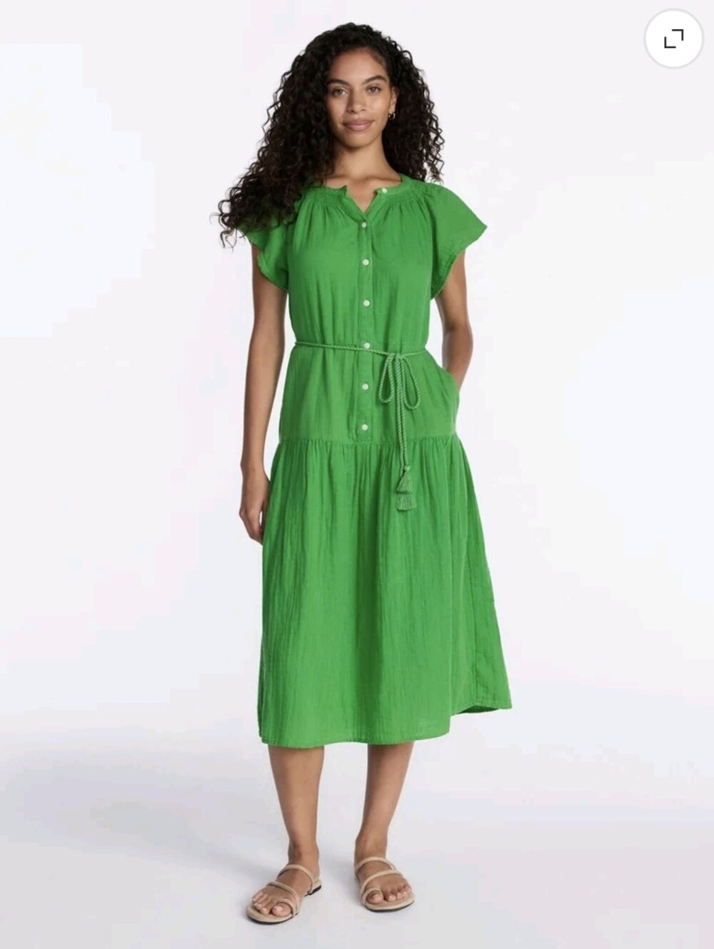 Green Short-Sleeve Button-Front Midi Dress with Tie Waist